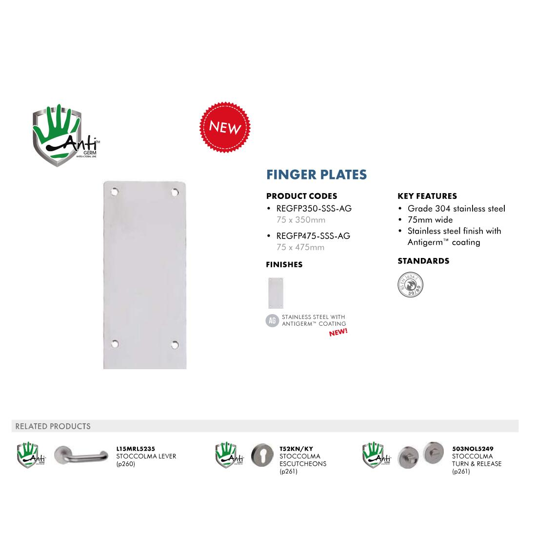 Fingerplate 350mm x 75mm Sat.St.Steel - Anti Germ